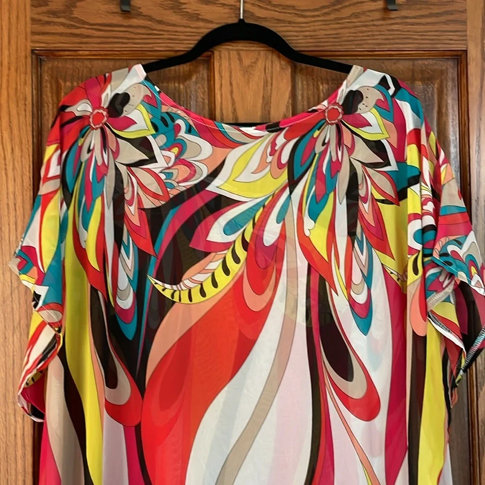 Colorful Floral Print Chiffon Kaftan Swimsuit Cover up Beach Long Dress ONE SIZE - Picture 3 of 4